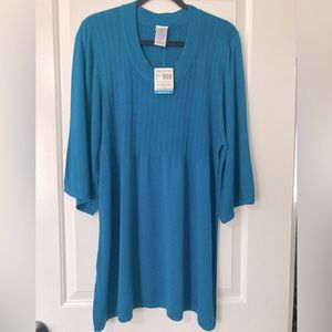 Just My Size, three quarter bell sleeve, thigh length, ribbed turquoise sweater.